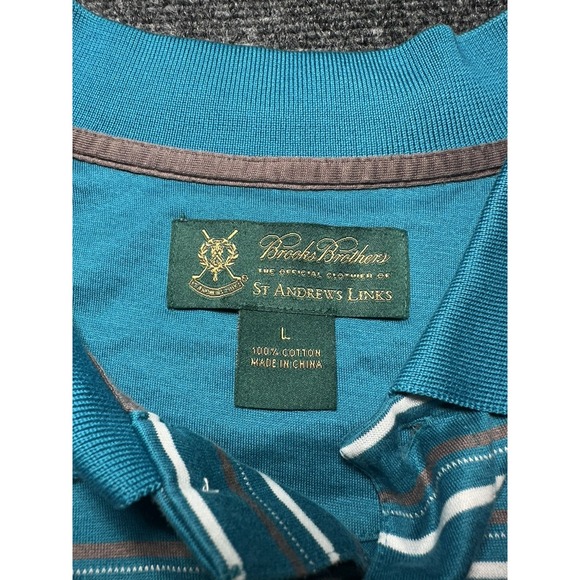 Brooks Brothers St. Andrews Links Mens Teal Gray Striped Polo Golf Shirt Large - Picture 4 of 7
